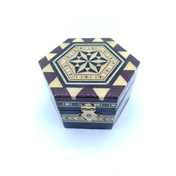 Handmade Taracea Wooden Moorish style 3.25" Hexagon trinket Box From Spain - Picture 1 of 12